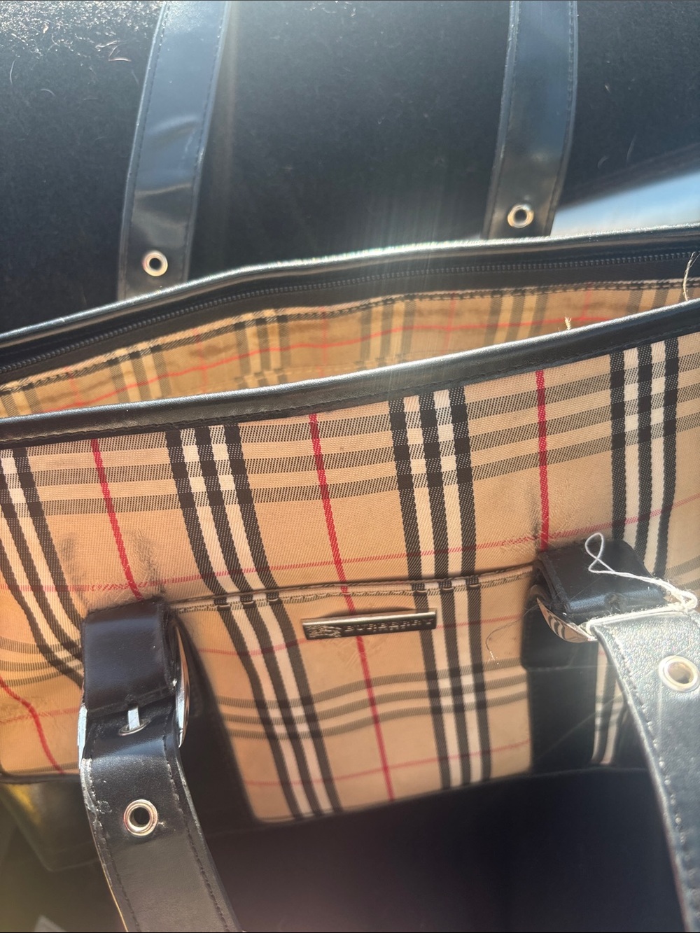 Burberry Tan Check Messenger Tote with Black Leather Trim - Picture 3 of 7